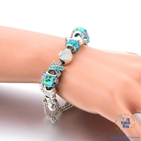 Image of Aqua Marine Crystal Charm Bracelet Inspired Oceanic Style with Multiple Beads and Dolphin Charms - I'LL TAKE THIS