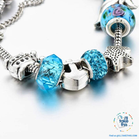 Image of Aqua Marine Crystal Charm Bracelet Inspired Oceanic Style with Multiple Beads and Dolphin Charms - I'LL TAKE THIS