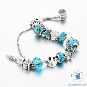 Aqua Marine Crystal Charm Bracelet Inspired Oceanic Style with Multiple Beads and Dolphin Charms