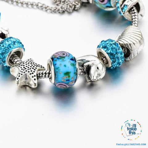 Image of Aqua Marine Crystal Charm Bracelet Inspired Oceanic Style with Multiple Beads and Dolphin Charms - I'LL TAKE THIS