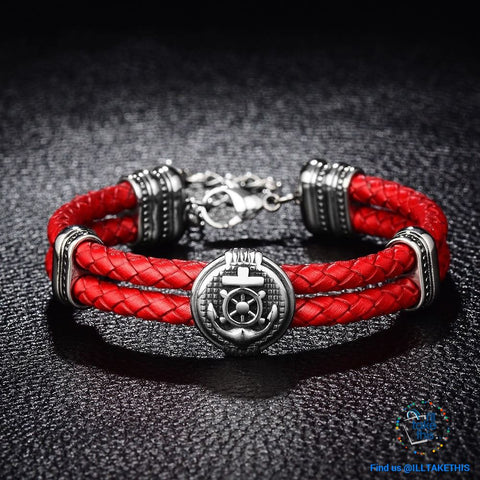 Image of Double Braided Leather Anchor and Wheel Charms Bracelet - Stainless Steel Bead Bracelet - I'LL TAKE THIS