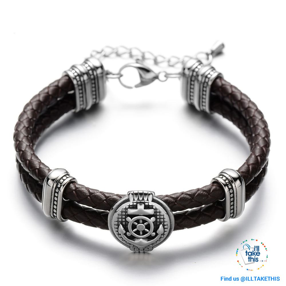 Double Braided Leather Anchor and Wheel Charms Bracelet - Stainless Steel Bead Bracelet - I'LL TAKE THIS
