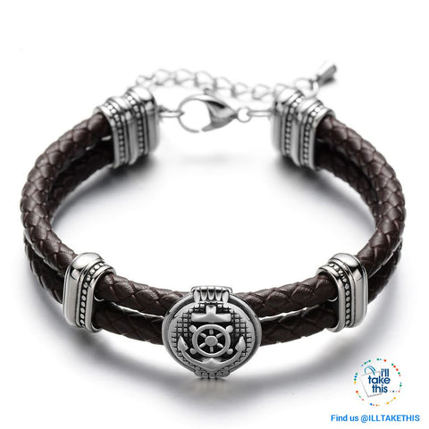 Image of Double Braided Leather Anchor and Wheel Charms Bracelet - Stainless Steel Bead Bracelet - I'LL TAKE THIS