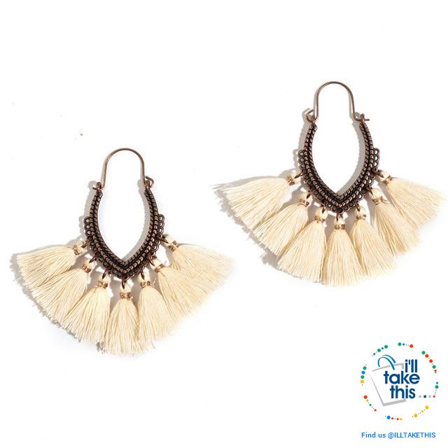 Antique Tassel hoop Earrings, Bohemian influenced with Two Distinct Designs LOTS of Festive Colors - I'LL TAKE THIS