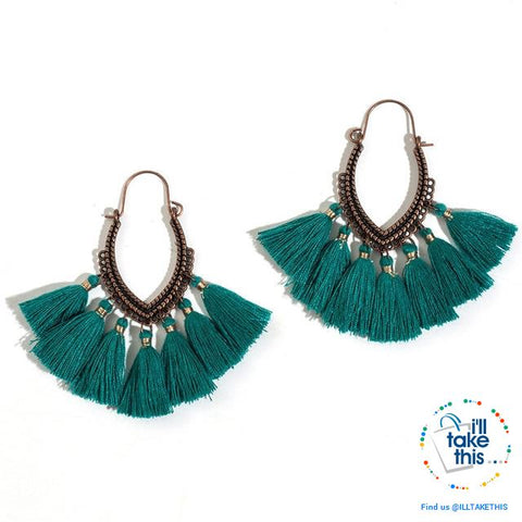 Image of Antique Tassel hoop Earrings, Bohemian influenced with Two Distinct Designs LOTS of Festive Colors - I'LL TAKE THIS