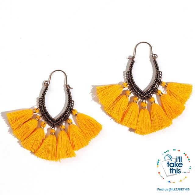 Antique Tassel hoop Earrings, Bohemian influenced with Two Distinct Designs LOTS of Festive Colors - I'LL TAKE THIS