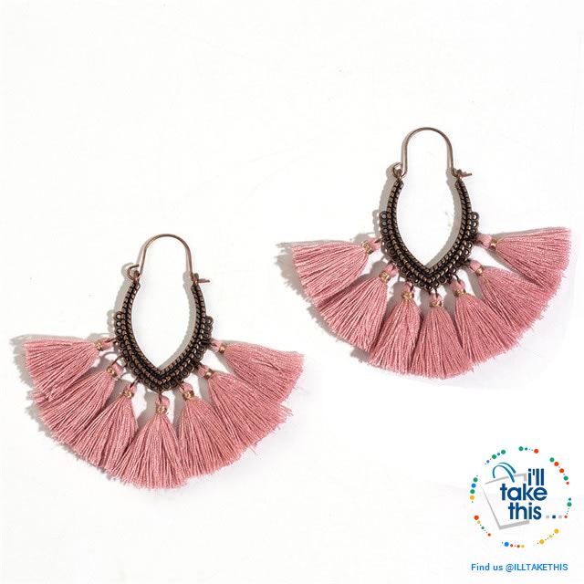 Antique Tassel hoop Earrings, Bohemian influenced with Two Distinct Designs LOTS of Festive Colors - I'LL TAKE THIS