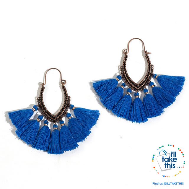 Antique Tassel hoop Earrings, Bohemian influenced with Two Distinct Designs LOTS of Festive Colors - I'LL TAKE THIS