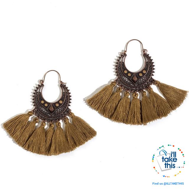 Antique Tassel hoop Earrings, Bohemian influenced with Two Distinct Designs LOTS of Festive Colors - I'LL TAKE THIS