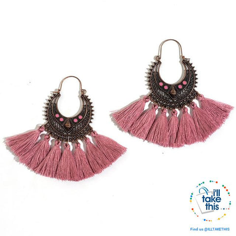 Image of Antique Tassel hoop Earrings, Bohemian influenced with Two Distinct Designs LOTS of Festive Colors - I'LL TAKE THIS