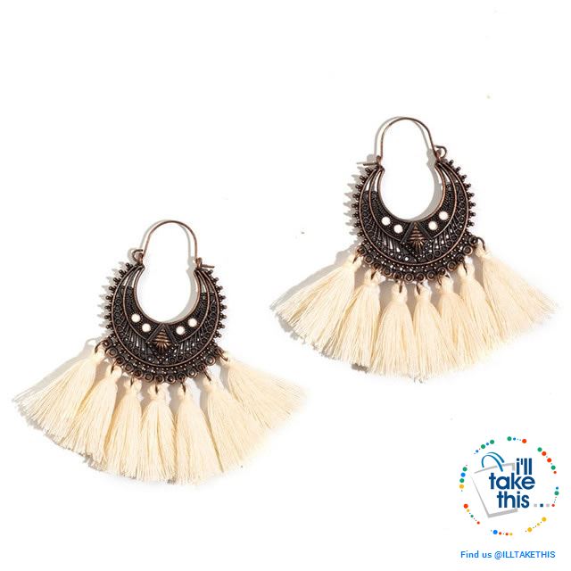 Antique Tassel hoop Earrings, Bohemian influenced with Two Distinct Designs LOTS of Festive Colors - I'LL TAKE THIS
