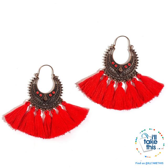 Antique Tassel hoop Earrings, Bohemian influenced with Two Distinct Designs LOTS of Festive Colors - I'LL TAKE THIS