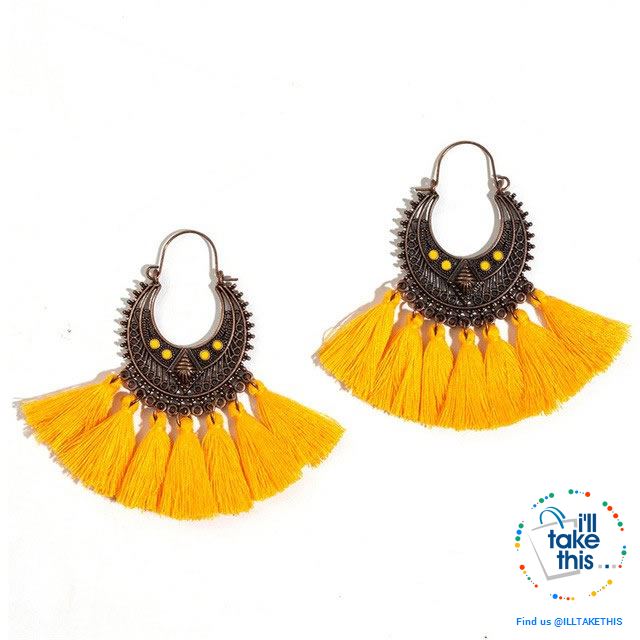 Antique Tassel hoop Earrings, Bohemian influenced with Two Distinct Designs LOTS of Festive Colors - I'LL TAKE THIS