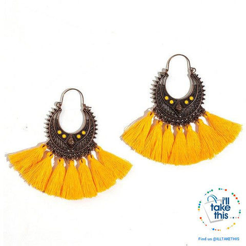 Image of Antique Tassel hoop Earrings, Bohemian influenced with Two Distinct Designs LOTS of Festive Colors - I'LL TAKE THIS