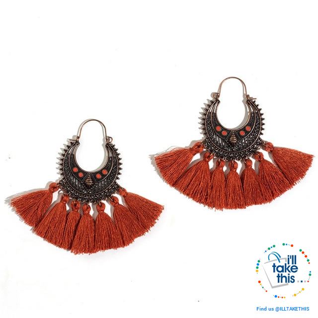 Antique Tassel hoop Earrings, Bohemian influenced with Two Distinct Designs LOTS of Festive Colors - I'LL TAKE THIS