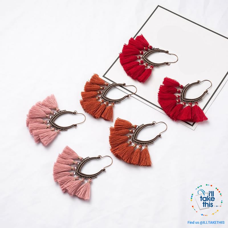 Antique Tassel hoop Earrings, Bohemian influenced with Two Distinct Designs LOTS of Festive Colors - I'LL TAKE THIS