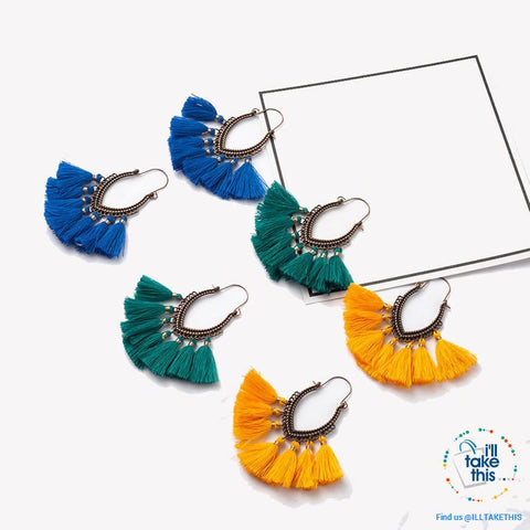 Image of Antique Tassel hoop Earrings, Bohemian influenced with Two Distinct Designs LOTS of Festive Colors - I'LL TAKE THIS