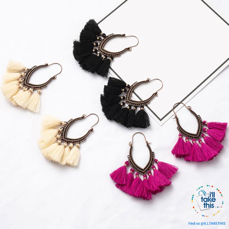 Antique Tassel hoop Earrings, Bohemian influenced with Two Distinct Designs LOTS of Festive Colors - I'LL TAKE THIS