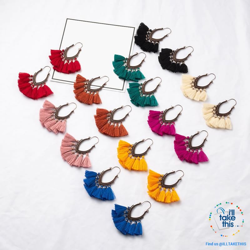 Antique Tassel hoop Earrings, Bohemian influenced with Two Distinct Designs LOTS of Festive Colors - I'LL TAKE THIS