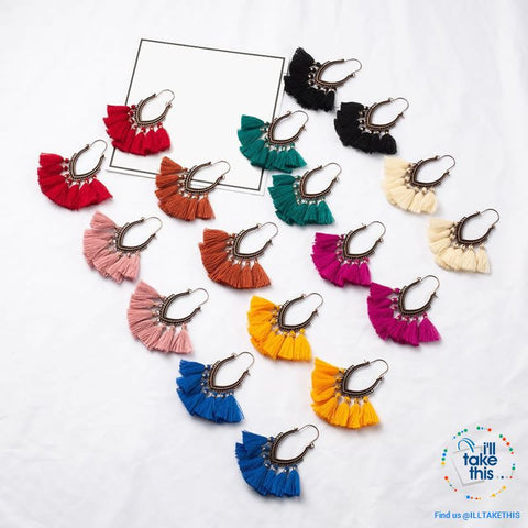 Image of Antique Tassel hoop Earrings, Bohemian influenced with Two Distinct Designs LOTS of Festive Colors - I'LL TAKE THIS