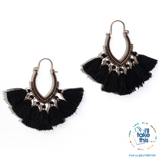 Antique Tassel hoop Earrings, Bohemian influenced with Two Distinct Designs LOTS of Festive Colors - I'LL TAKE THIS