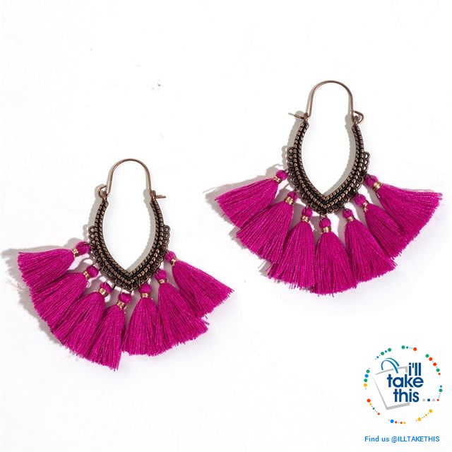 Antique Tassel hoop Earrings, Bohemian influenced with Two Distinct Designs LOTS of Festive Colors - I'LL TAKE THIS