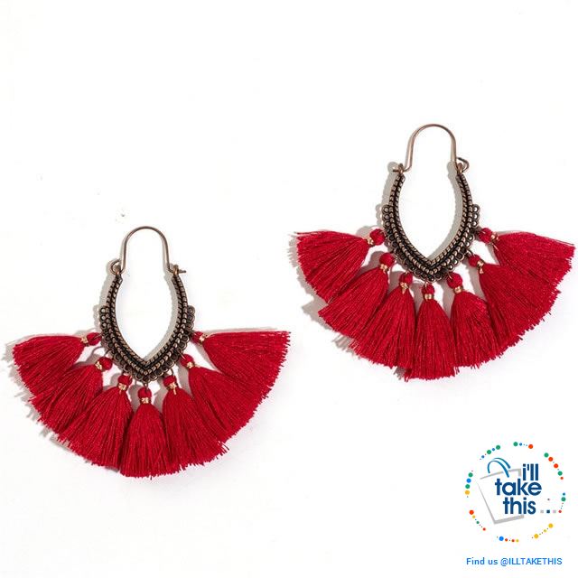 Antique Tassel hoop Earrings, Bohemian influenced with Two Distinct Designs LOTS of Festive Colors - I'LL TAKE THIS