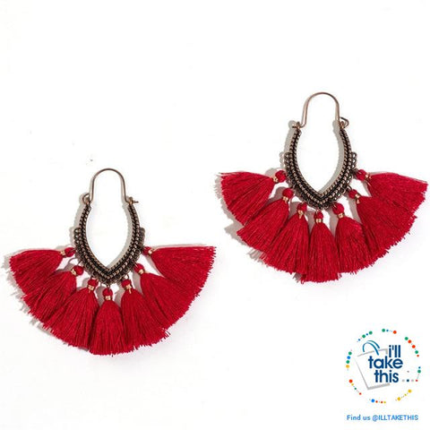 Image of Antique Tassel hoop Earrings, Bohemian influenced with Two Distinct Designs LOTS of Festive Colors - I'LL TAKE THIS