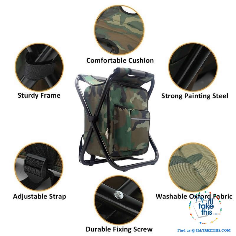 Folding Chair Stool Backpack with Insulated Cooler IDEAL for your next Fishing or Camping trip - I'LL TAKE THIS