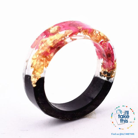 Image of Handmade Floral, Wooden Resin Rings, featuring internal micro plants, beeswax polish finish - I'LL TAKE THIS