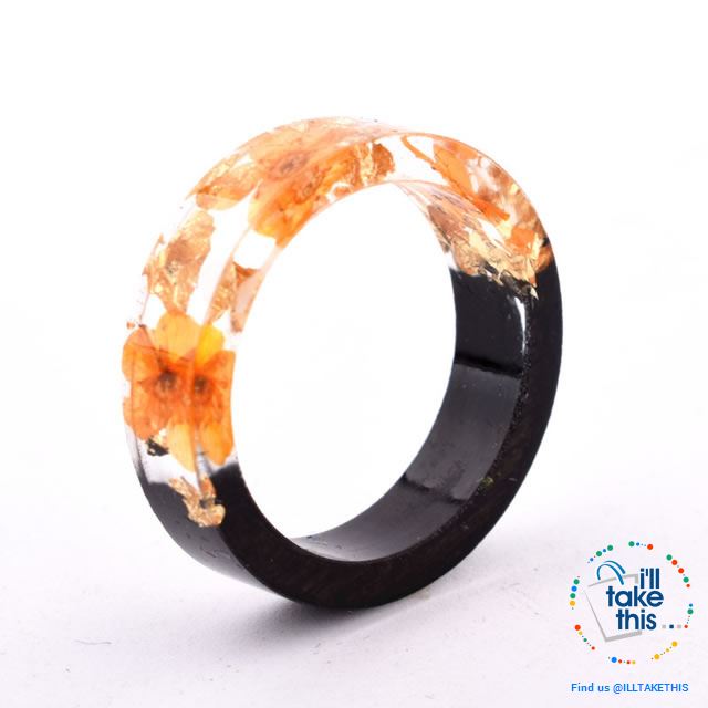 Handmade Floral, Wooden Resin Rings, featuring internal micro plants, beeswax polish finish - I'LL TAKE THIS
