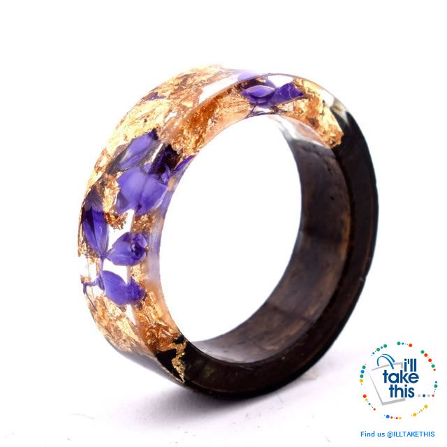 Handmade Floral, Wooden Resin Rings, featuring internal micro plants, beeswax polish finish - I'LL TAKE THIS