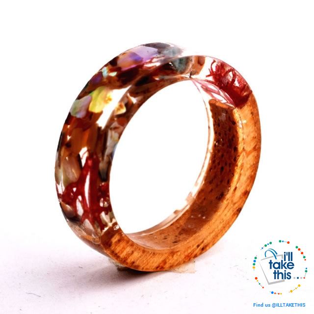 Handmade Floral, Wooden Resin Rings, featuring internal micro plants, beeswax polish finish - I'LL TAKE THIS