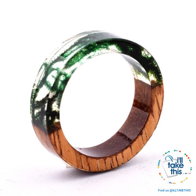 Handmade Floral, Wooden Resin Rings, featuring internal micro plants, beeswax polish finish - I'LL TAKE THIS