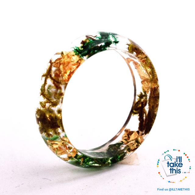 Handmade Floral, Wooden Resin Rings, featuring internal micro plants, beeswax polish finish - I'LL TAKE THIS