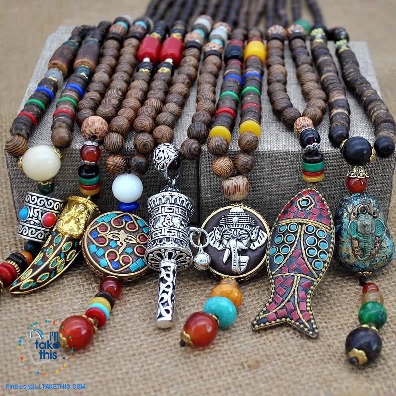 Handmade Buddhist Mala Wood Beads Pendant & Necklace - 11 Statement  Necklaces to choose from - I'LL TAKE THIS