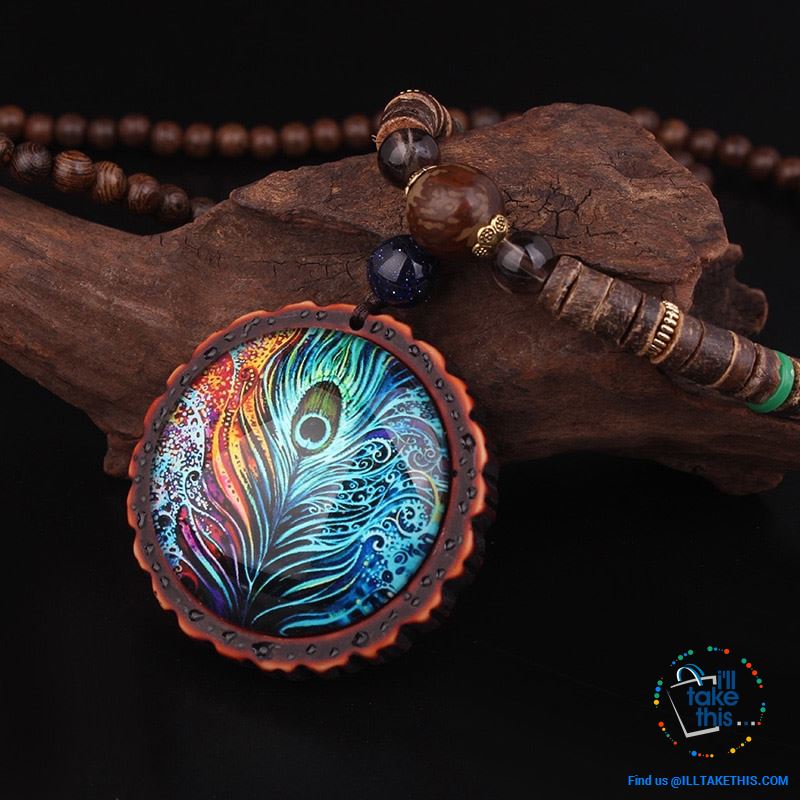 π¦ Handmade Peacock Feather Pendand - Necklace Sandalwood/Acrylic Beads 32" long - I'LL TAKE THIS