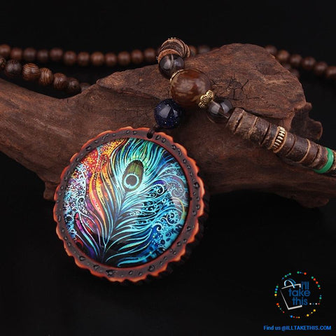 Image of π¦ Handmade Peacock Feather Pendand - Necklace Sandalwood/Acrylic Beads 32" long - I'LL TAKE THIS