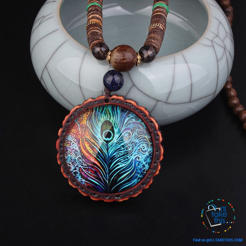 π¦ Handmade Peacock Feather Pendand - Necklace Sandalwood/Acrylic Beads 32" long - I'LL TAKE THIS