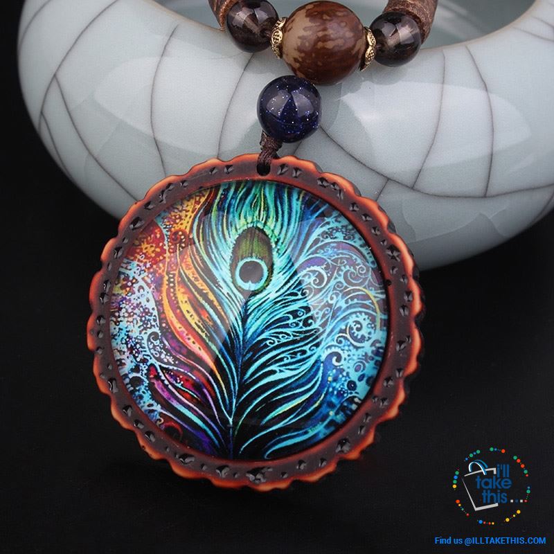 π¦ Handmade Peacock Feather Pendand - Necklace Sandalwood/Acrylic Beads 32" long - I'LL TAKE THIS