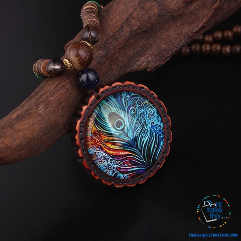 Image of 🦚 Handmade Peacock Feather Pendand - Necklace Sandalwood/Acrylic Beads 32" long - I'LL TAKE THIS