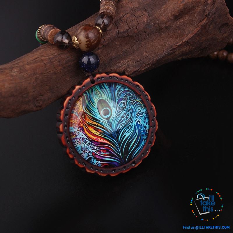 π¦ Handmade Peacock Feather Pendand - Necklace Sandalwood/Acrylic Beads 32" long - I'LL TAKE THIS