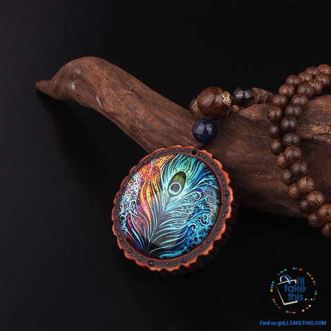 Image of 🦚 Handmade Peacock Feather Pendand - Necklace Sandalwood/Acrylic Beads 32" long - I'LL TAKE THIS