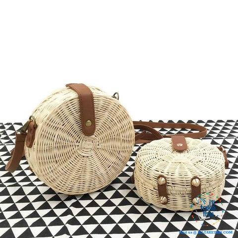 Image of Handwoven Round Rattan Straw Beach Bags ideal Shoulder or Crossbody Bags - Small or Medium Sizing - I'LL TAKE THIS