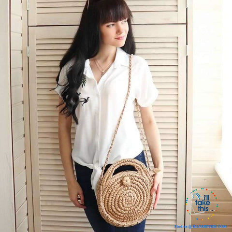 Image of Handwoven Round Rattan Straw handbag, ideal Crossbody bag coupled with handles - 2 Colors options - I'LL TAKE THIS