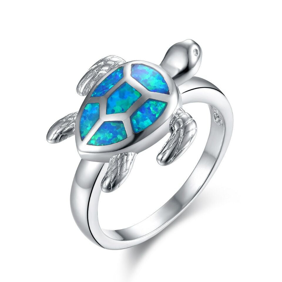 Blue Opal Turtle Women's Black or Silver Rings - 7 Sizes 💍