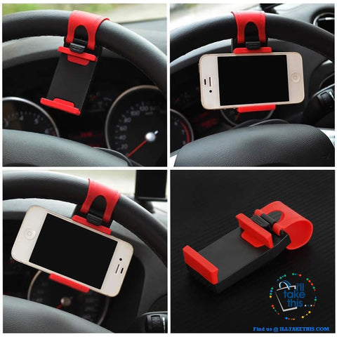 Image of iPhone/Android Universal Cell SmartPhone/GPS Car Steering Wheel Clip, Mount/Holder in Black or Red! - I'LL TAKE THIS
