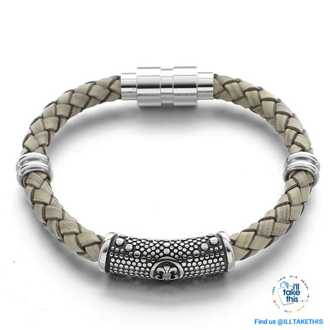 Image of Braided Leather Bracelet with Stainless Steel Iris Flower/Fleur De Lis, 2 x Charms + Magnetic Clasp - I'LL TAKE THIS