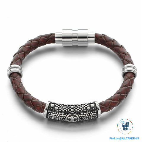 Image of Braided Leather Bracelet with Stainless Steel Iris Flower/Fleur De Lis, 2 x Charms + Magnetic Clasp - I'LL TAKE THIS