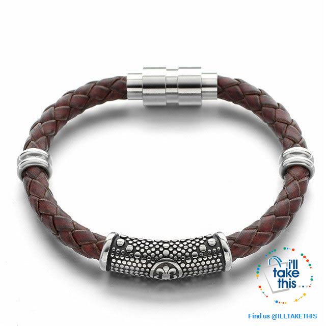Braided Leather Bracelet with Stainless Steel Iris Flower/Fleur De Lis, 2 x Charms + Magnetic Clasp - I'LL TAKE THIS